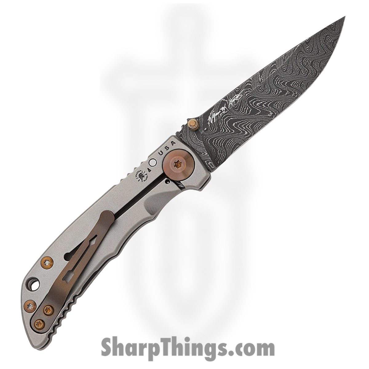 Spartan Blades - SF10DMBZ - Harsey 3.25 - Folding Knife - Chad Nichols Damascus Acid Etched Drop Point - 6AI4V Titanium - Grey Bronze - Image 2