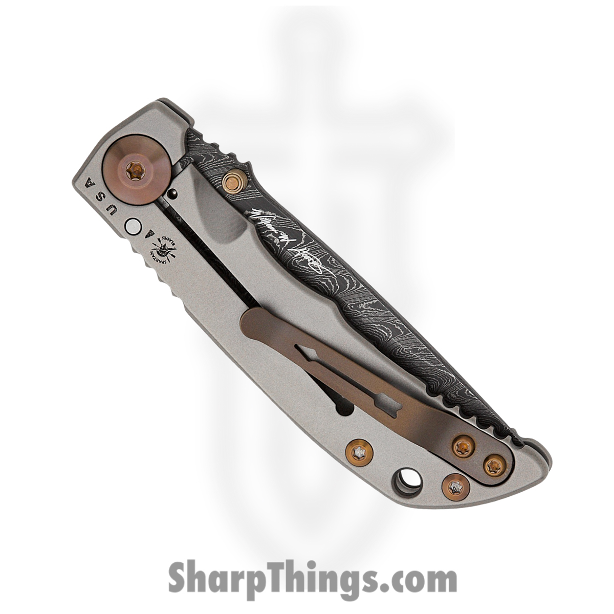Spartan Blades - SF10DMBZ - Harsey 3.25 - Folding Knife - Chad Nichols Damascus Acid Etched Drop Point - 6AI4V Titanium - Grey Bronze - Image 4