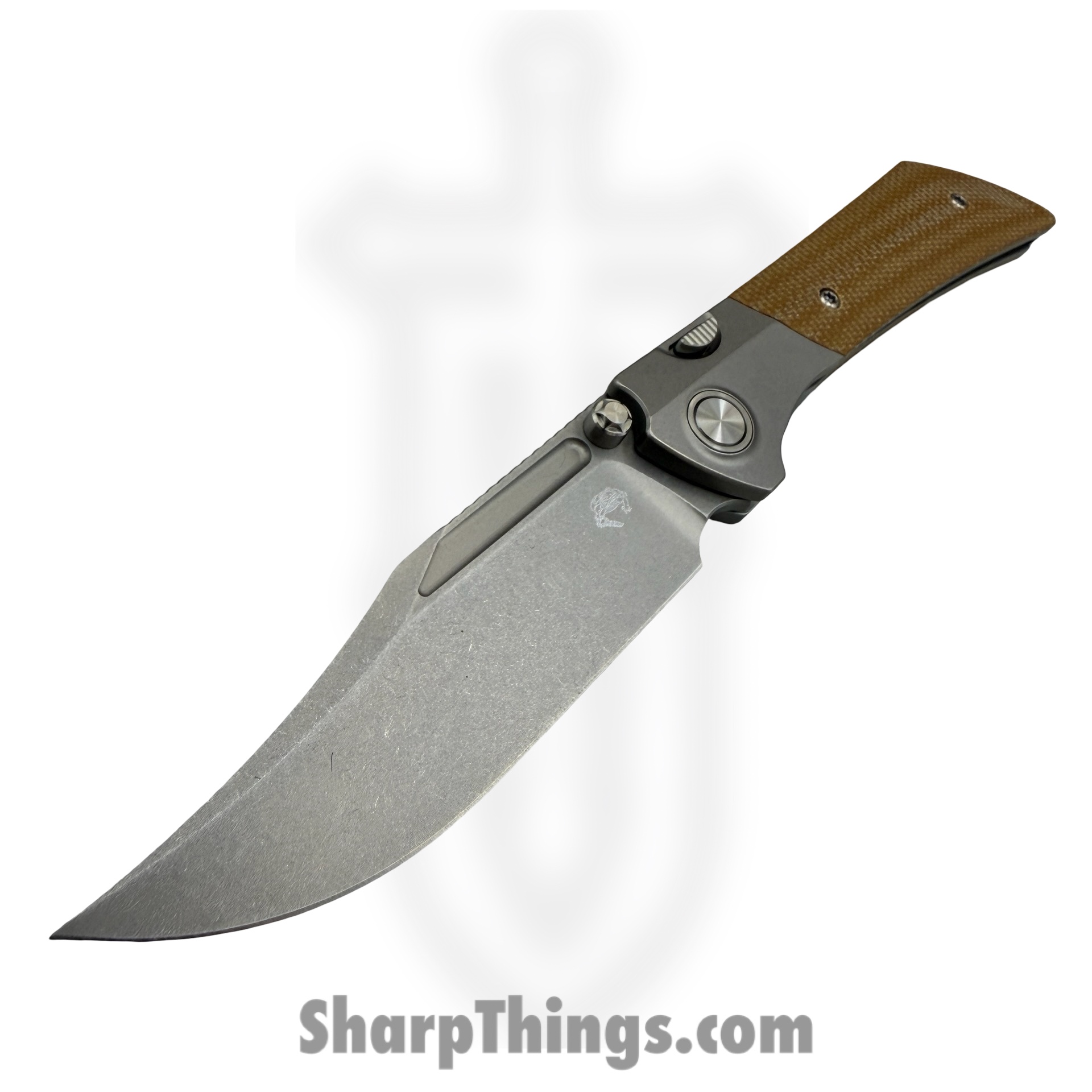 Gecko Customz KW - A3-3 - Dune - Folding Knife - M390 Stonewash Bowie - Canvas Micarta Titanium - Tan Gray - Image 4