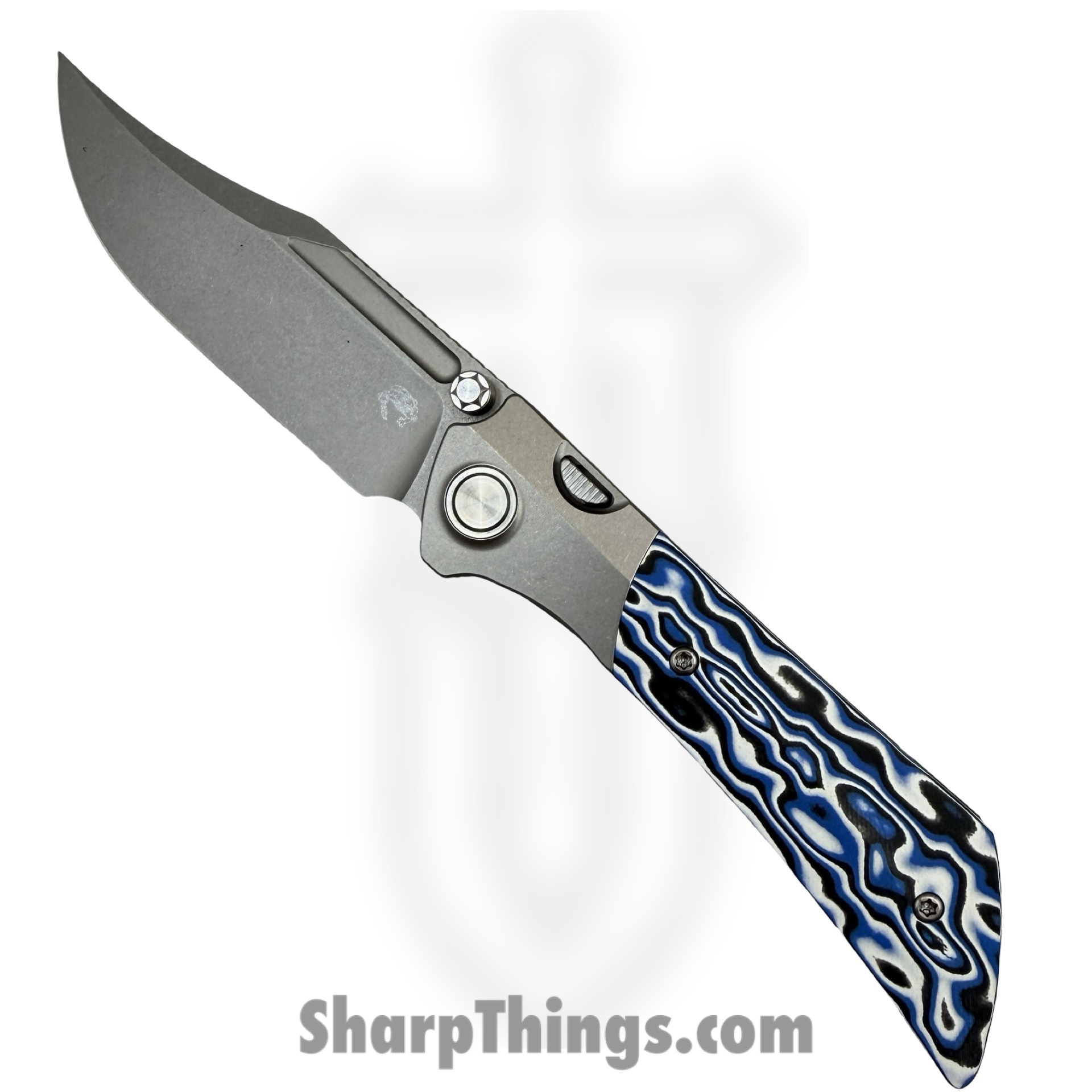 Gecko Customz KW - A5 - Dune - Folding Knife - M390 Stonewash Bowie - Titanium Gmascus - Blue White