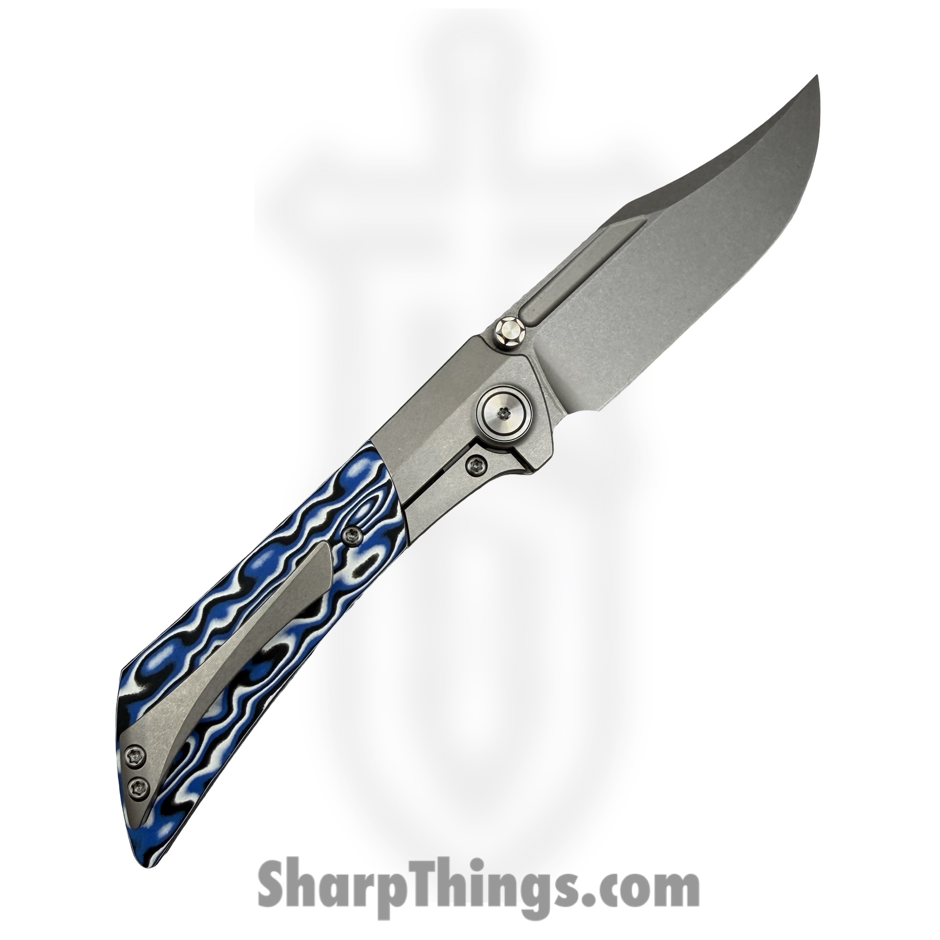 Gecko Customz KW - A5 - Dune - Folding Knife - M390 Stonewash Bowie - Titanium Gmascus - Blue White - Image 2