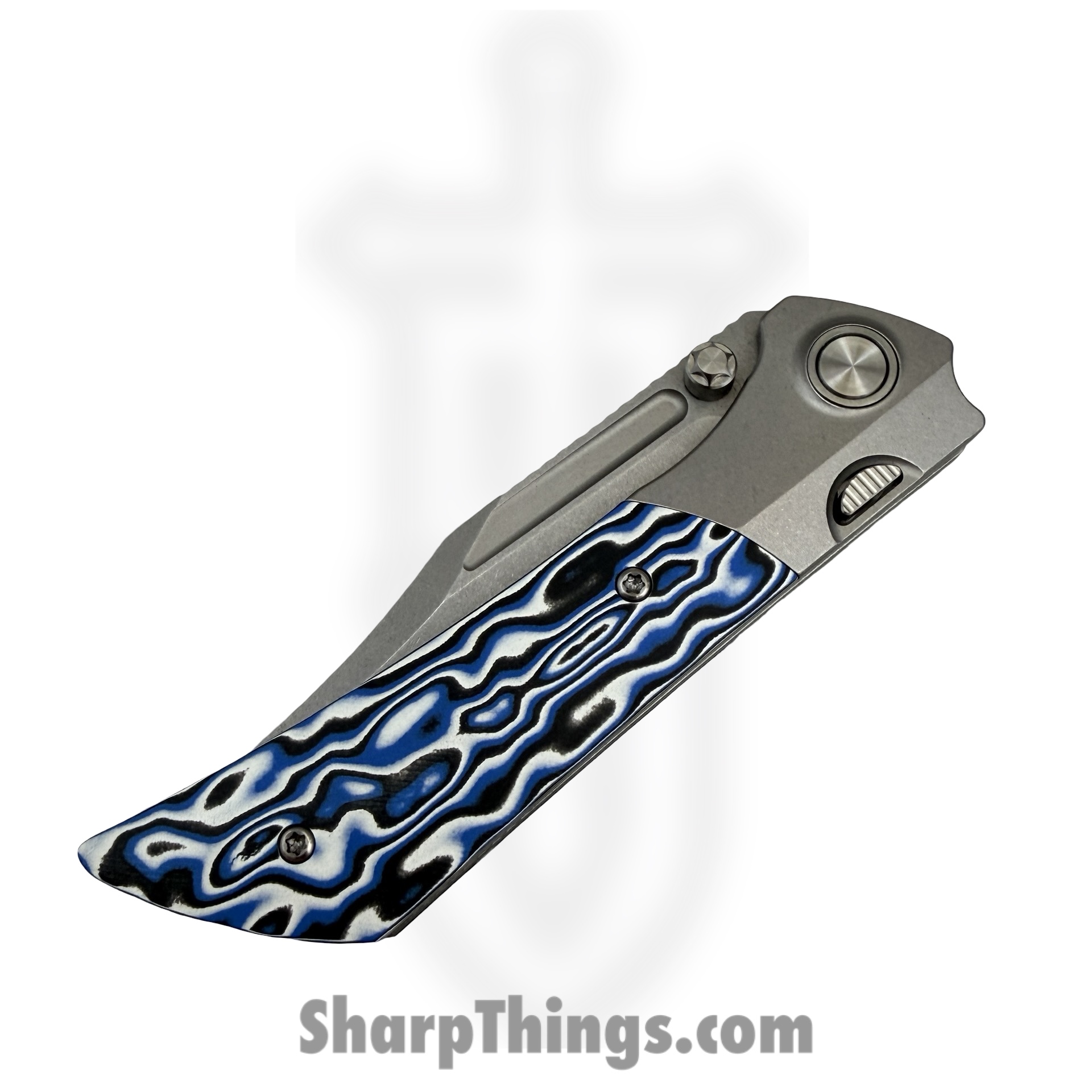 Gecko Customz KW - A5 - Dune - Folding Knife - M390 Stonewash Bowie - Titanium Gmascus - Blue White - Image 6