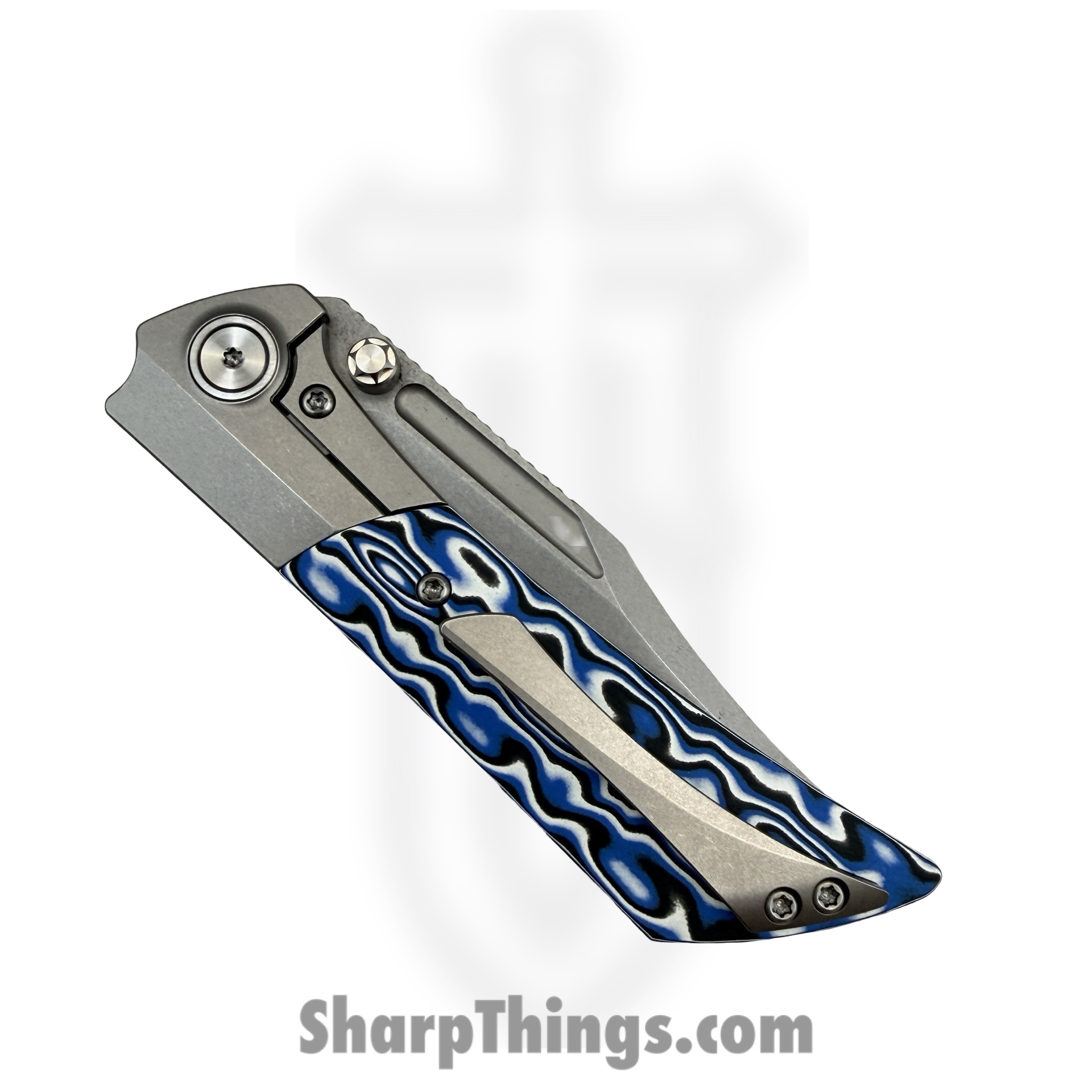 Gecko Customz KW - A5 - Dune - Folding Knife - M390 Stonewash Bowie - Titanium Gmascus - Blue White - Image 5