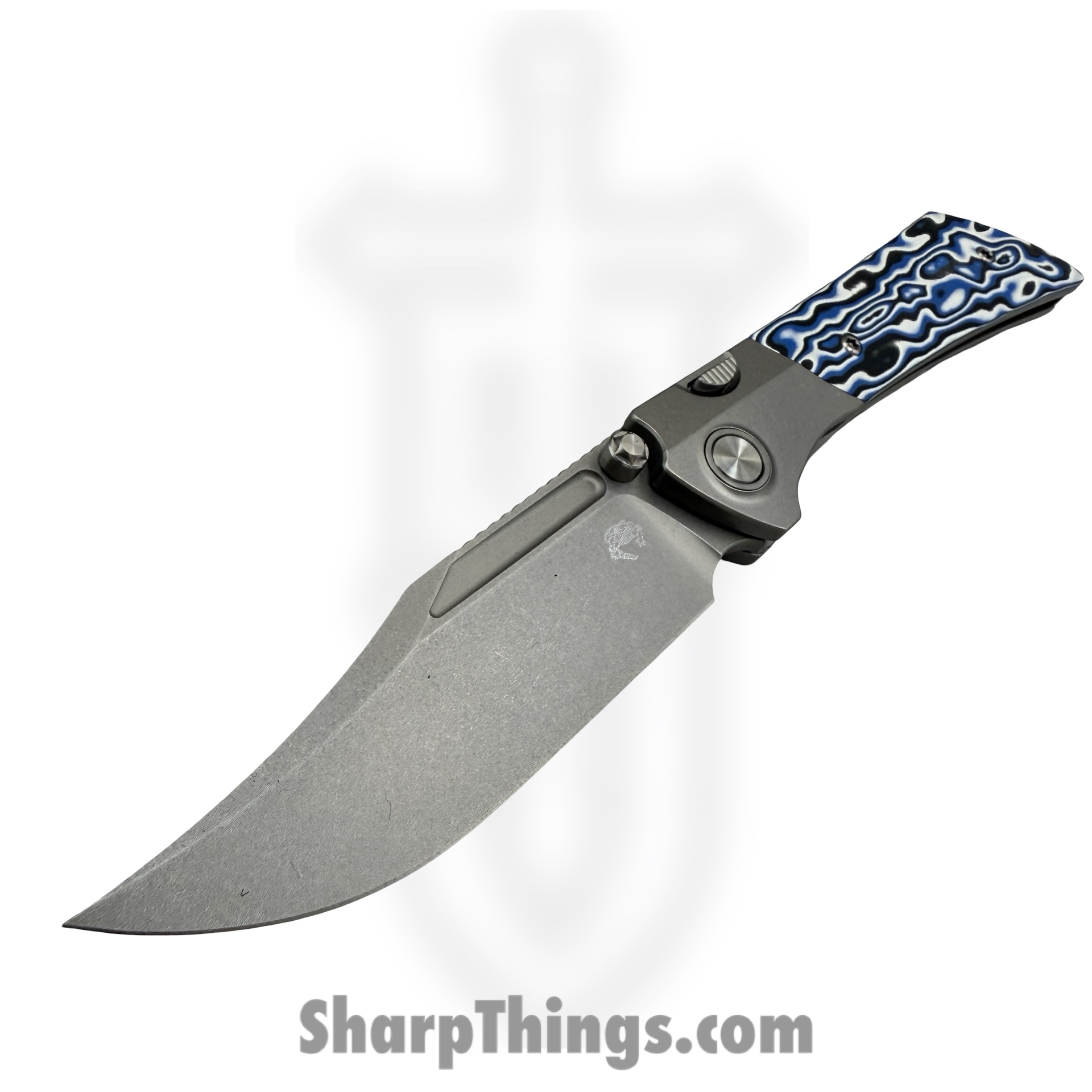 Gecko Customz KW - A5 - Dune - Folding Knife - M390 Stonewash Bowie - Titanium Gmascus - Blue White - Image 4
