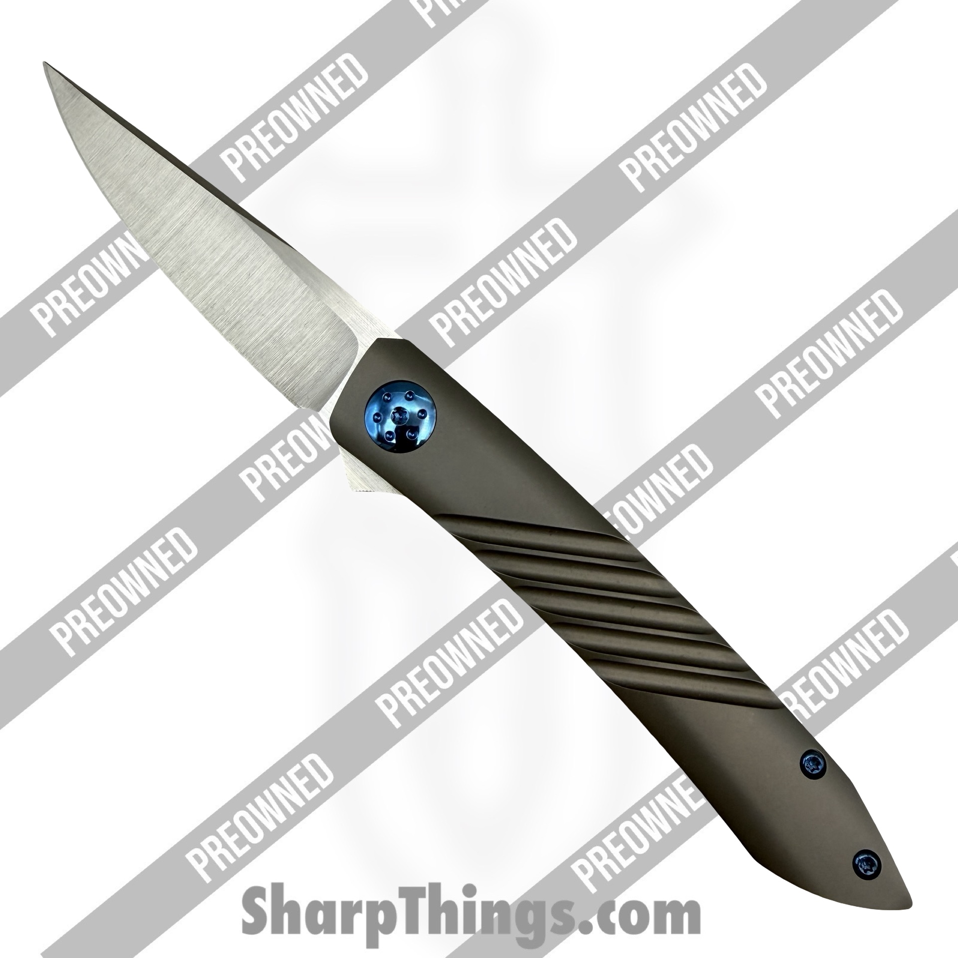 Alliance Designs - POBB-28 - Preowned Anchovy - Folding Knife - RWL34 Steel Belt Satin Trailing Point - Titanium - Silver|Blue