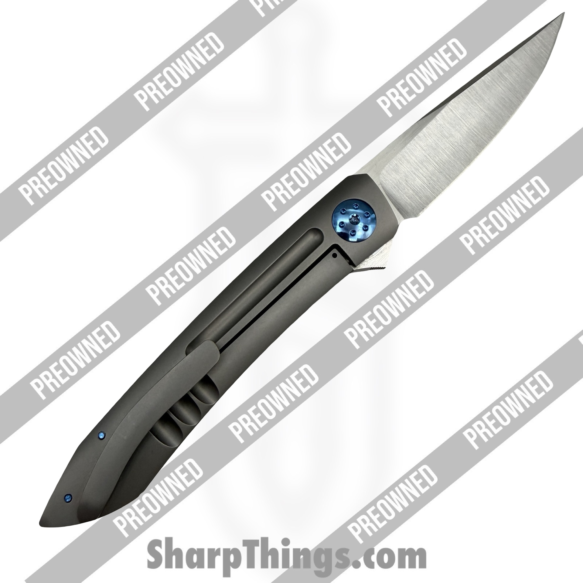 Alliance Designs - POBB-28 - Preowned Anchovy - Folding Knife - RWL34 Steel Belt Satin Trailing Point - Titanium - Silver|Blue - Image 2