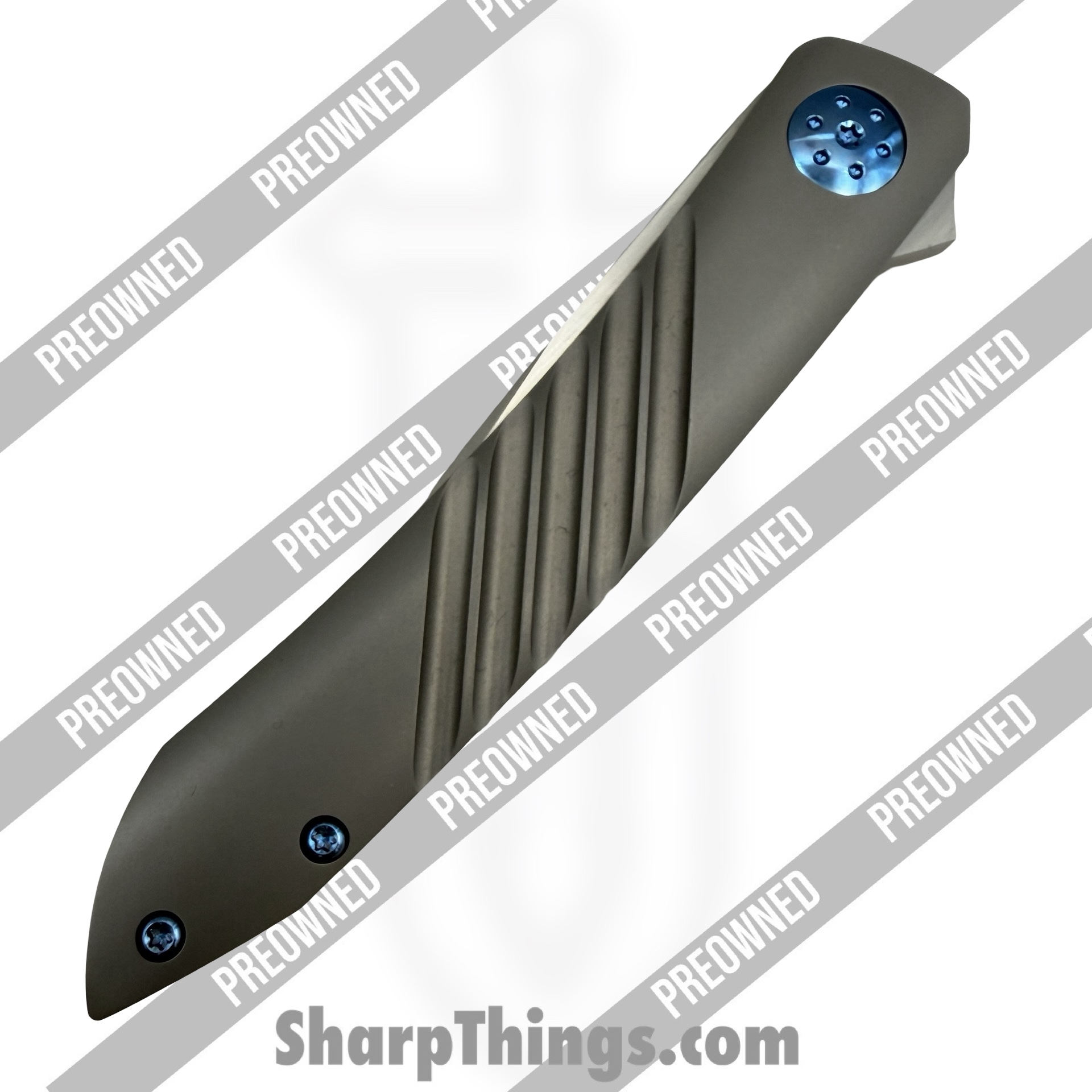 Alliance Designs - POBB-28 - Preowned Anchovy - Folding Knife - RWL34 Steel Belt Satin Trailing Point - Titanium - Silver|Blue - Image 3