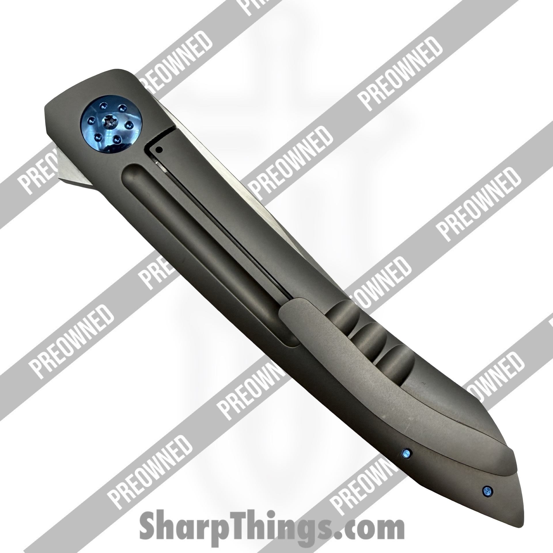 Alliance Designs - POBB-28 - Preowned Anchovy - Folding Knife - RWL34 Steel Belt Satin Trailing Point - Titanium - Silver|Blue - Image 4