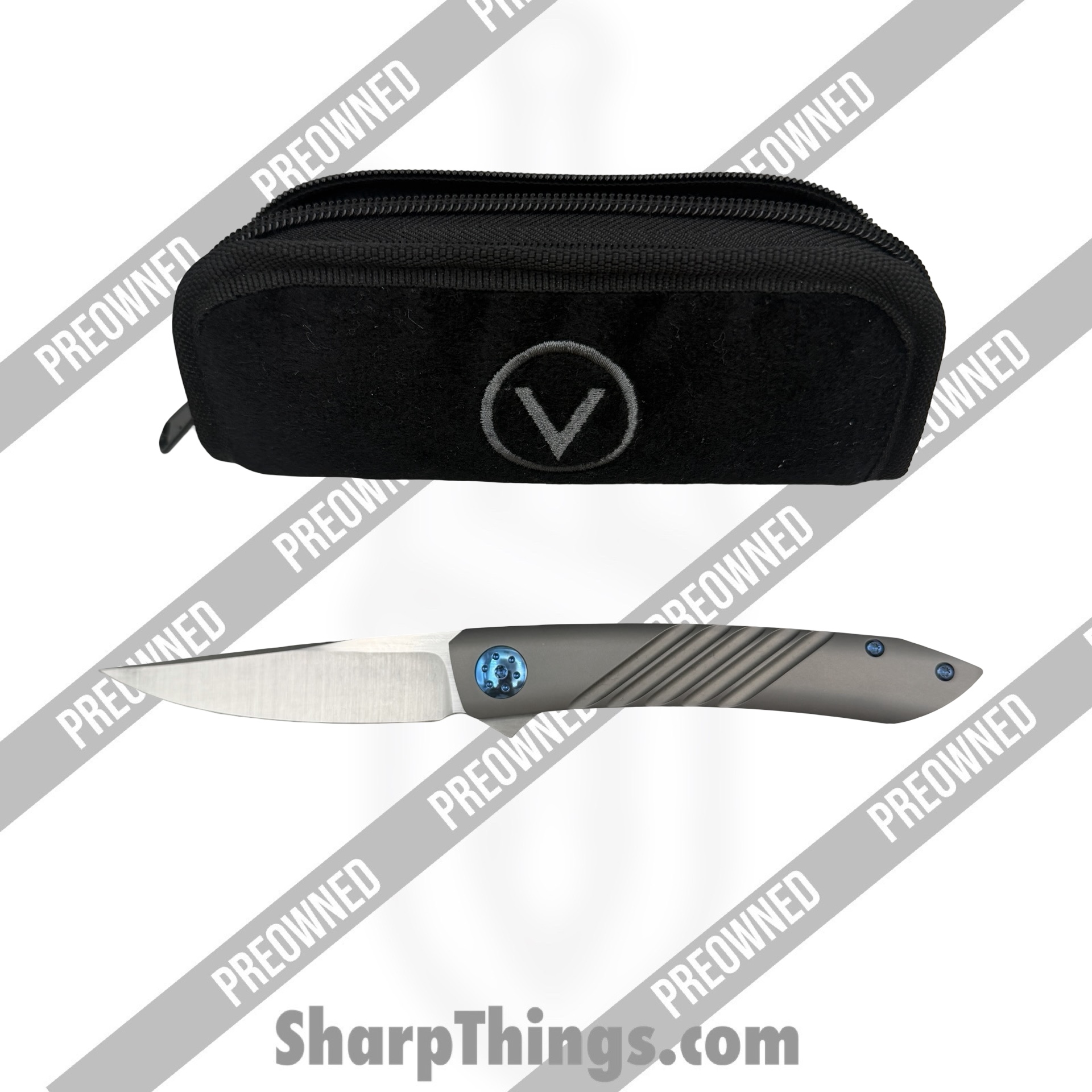 Alliance Designs - POBB-28 - Preowned Anchovy - Folding Knife - RWL34 Steel Belt Satin Trailing Point - Titanium - Silver|Blue - Image 8