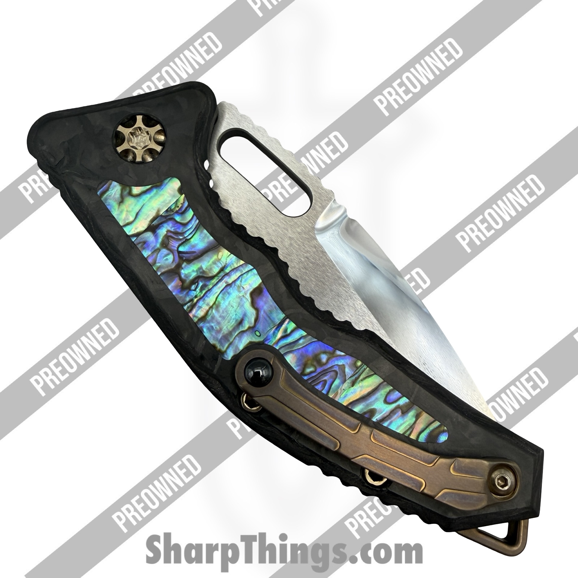 Heretic Knives - POBB-31 - Preowned Medusa Custom HCUSTOM-106 - Automatic Knife - ELMAX Mirror Polish Tanto - Abalone - Abalone|Bronze - Image 4