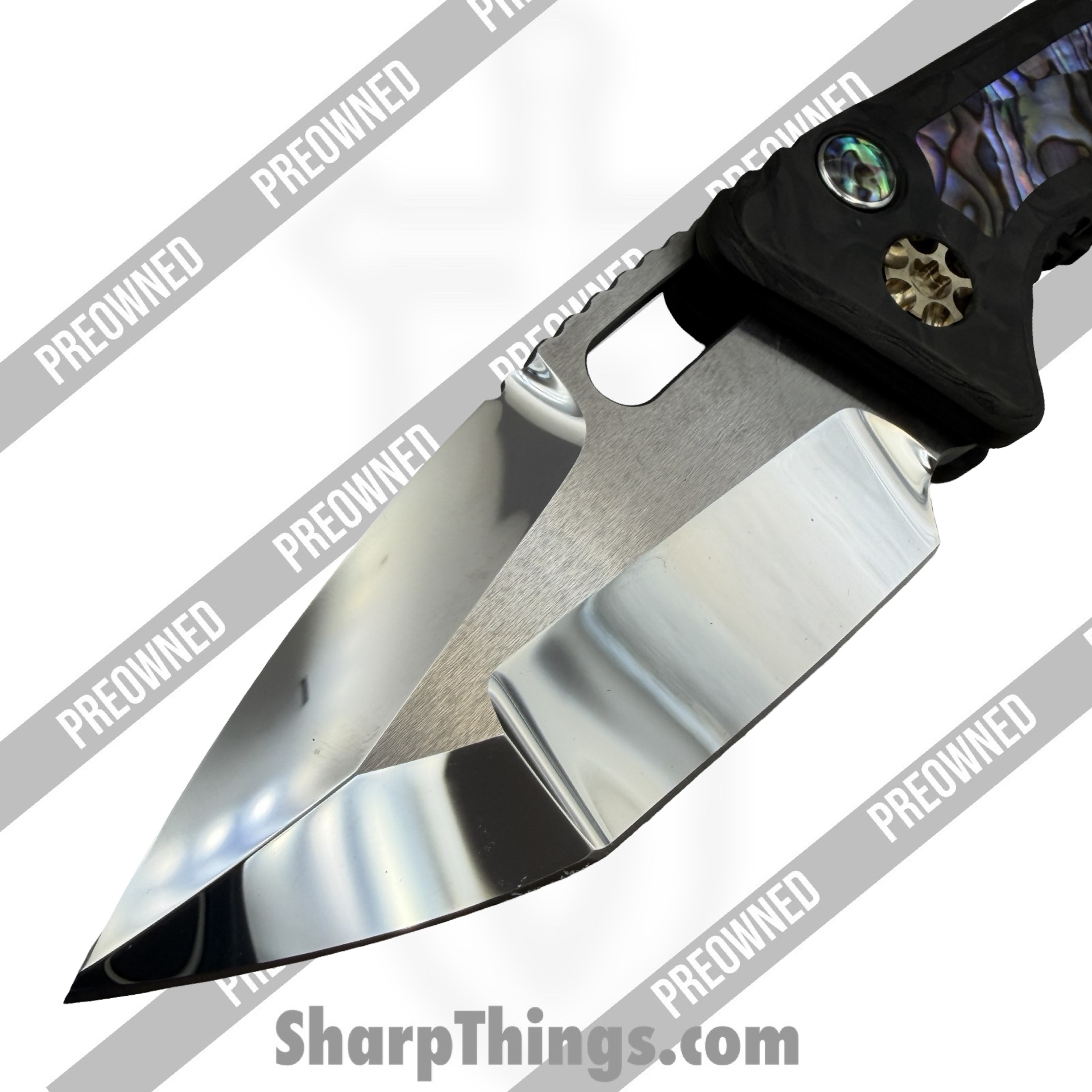 Heretic Knives - POBB-31 - Preowned Medusa Custom HCUSTOM-106 - Automatic Knife - ELMAX Mirror Polish Tanto - Abalone - Abalone|Bronze - Image 5
