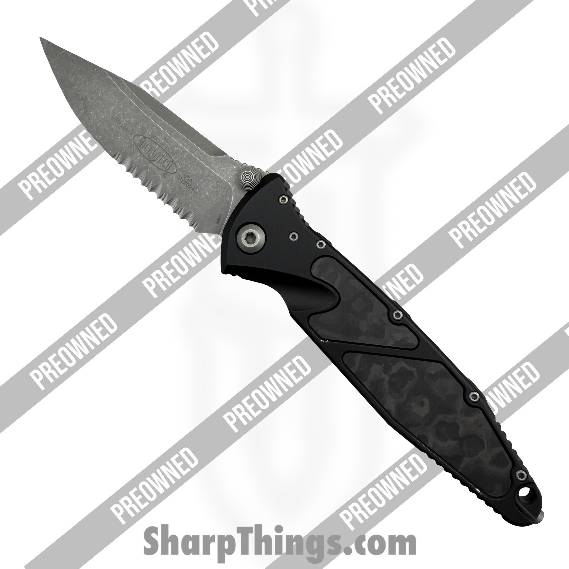 Microtech - POBB-37 - Preowned Socom Elite w/ Custom Inlays & LNW Clip 160-11AP - Automatic Knife - M390 Apocolyptic Drop Point - Aluminum - Black