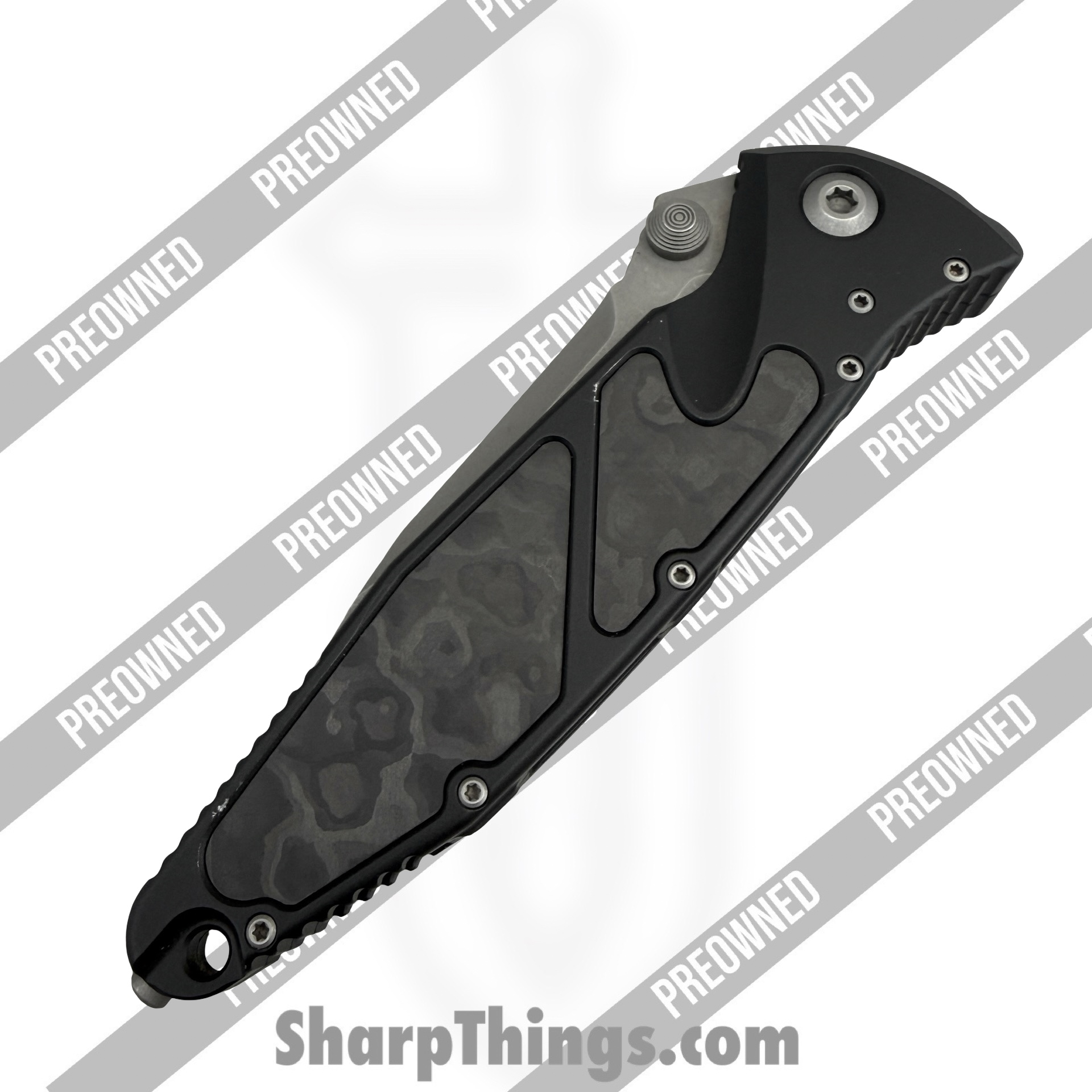 Microtech - POBB-37 - Preowned Socom Elite w/ Custom Inlays & LNW Clip 160-11AP - Automatic Knife - M390 Apocolyptic Drop Point - Aluminum - Black - Image 3