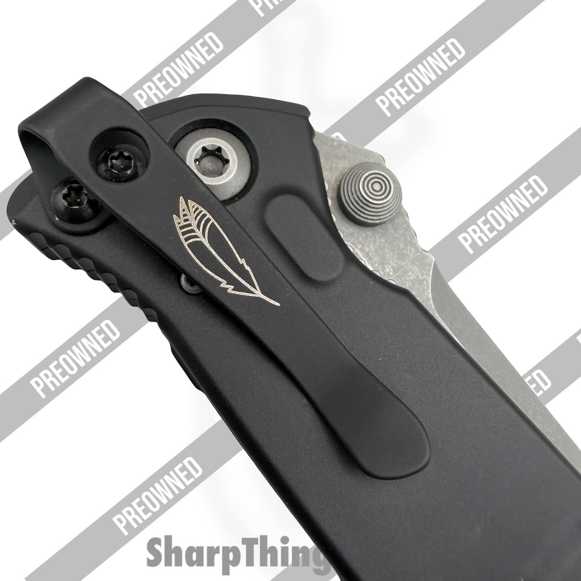 Microtech - POBB-37 - Preowned Socom Elite w/ Custom Inlays & LNW Clip 160-11AP - Automatic Knife - M390 Apocolyptic Drop Point - Aluminum - Black - Image 5