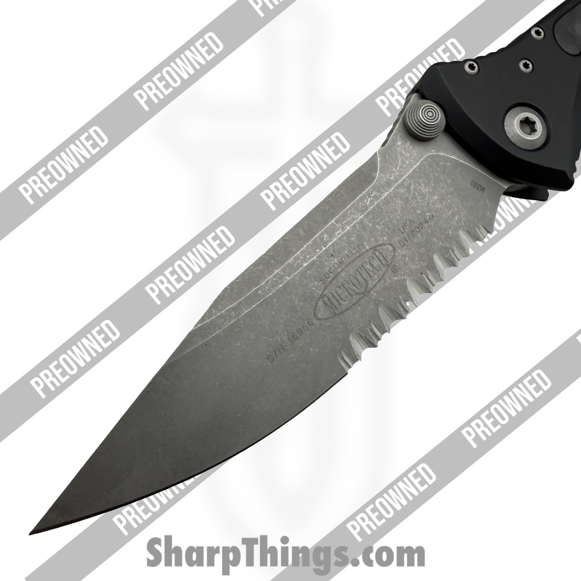 Microtech - POBB-37 - Preowned Socom Elite w/ Custom Inlays & LNW Clip 160-11AP - Automatic Knife - M390 Apocolyptic Drop Point - Aluminum - Black - Image 6