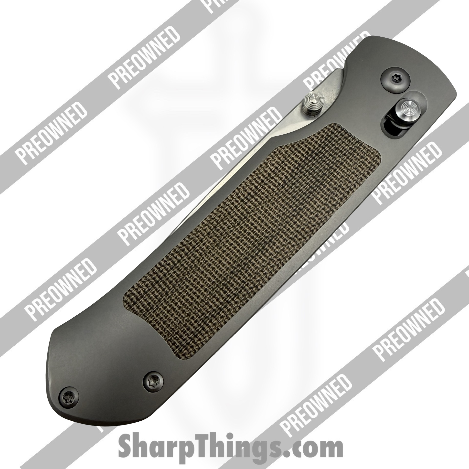 Ohlone Knives - POBB-38 - Preowned Goat AXL w/ pen - Folding Knife - M390 Stonewash Drop Point - Titanium - Grey|Green - Image 3