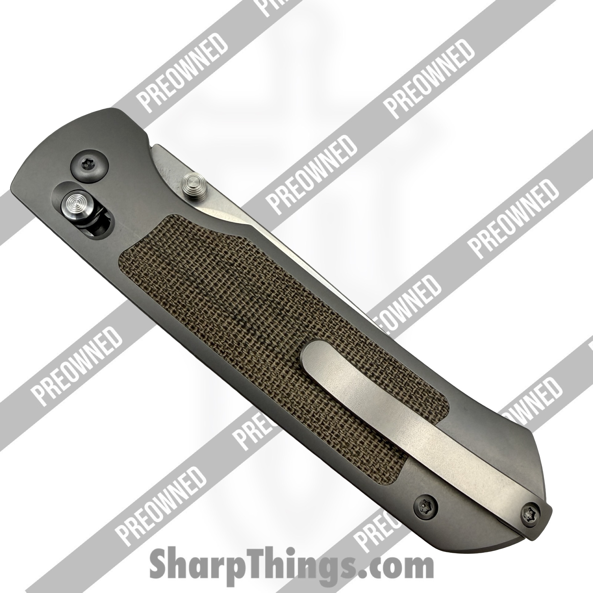 Ohlone Knives - POBB-38 - Preowned Goat AXL w/ pen - Folding Knife - M390 Stonewash Drop Point - Titanium - Grey|Green - Image 4
