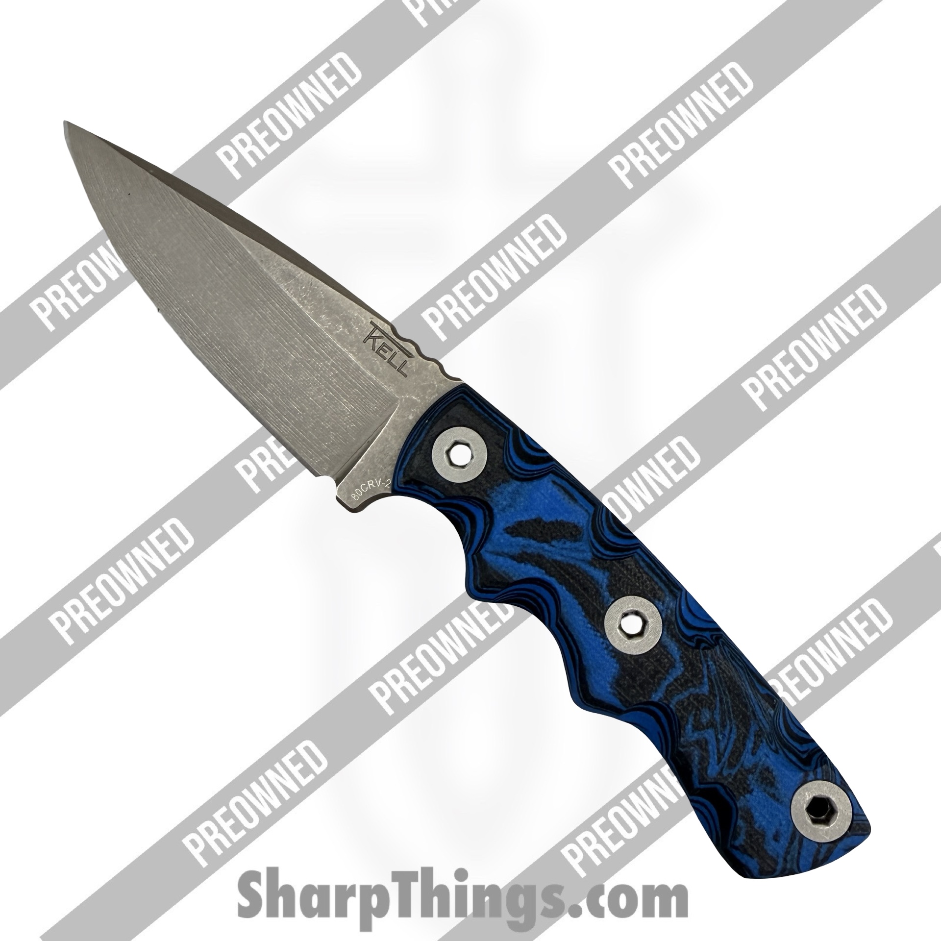 T.Kell Knives - POBB-46 - Preowned Combatant w/ Custom Scales - Fixed Blade Knife - 80CRV2 Nickel Boron Drop Point - G10 - Black|Blue