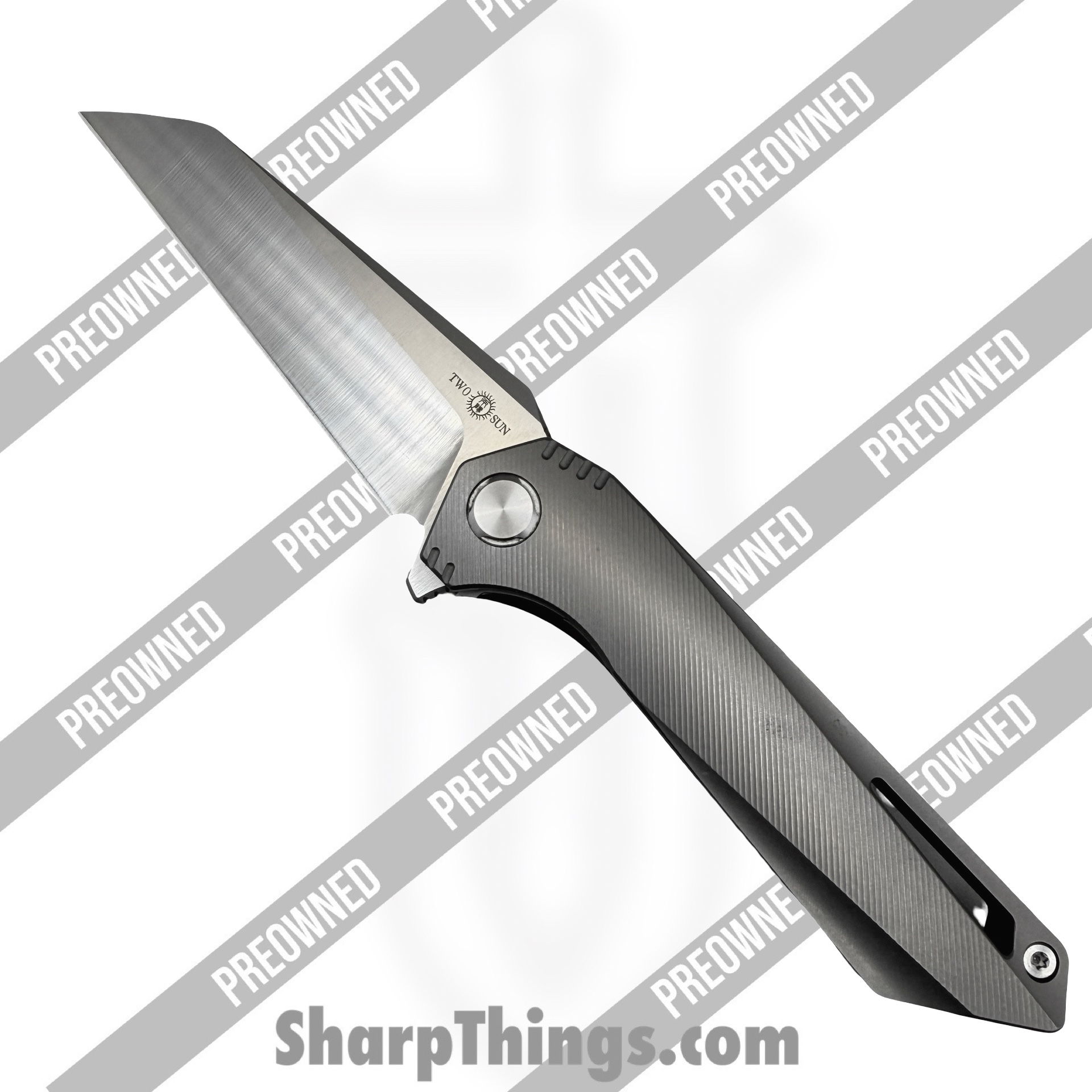 Twosun - POBB-48 - Preowned TS298 - Folding Knife - 14C28N Belt Satin Wharncliffe - Titanium - Grey