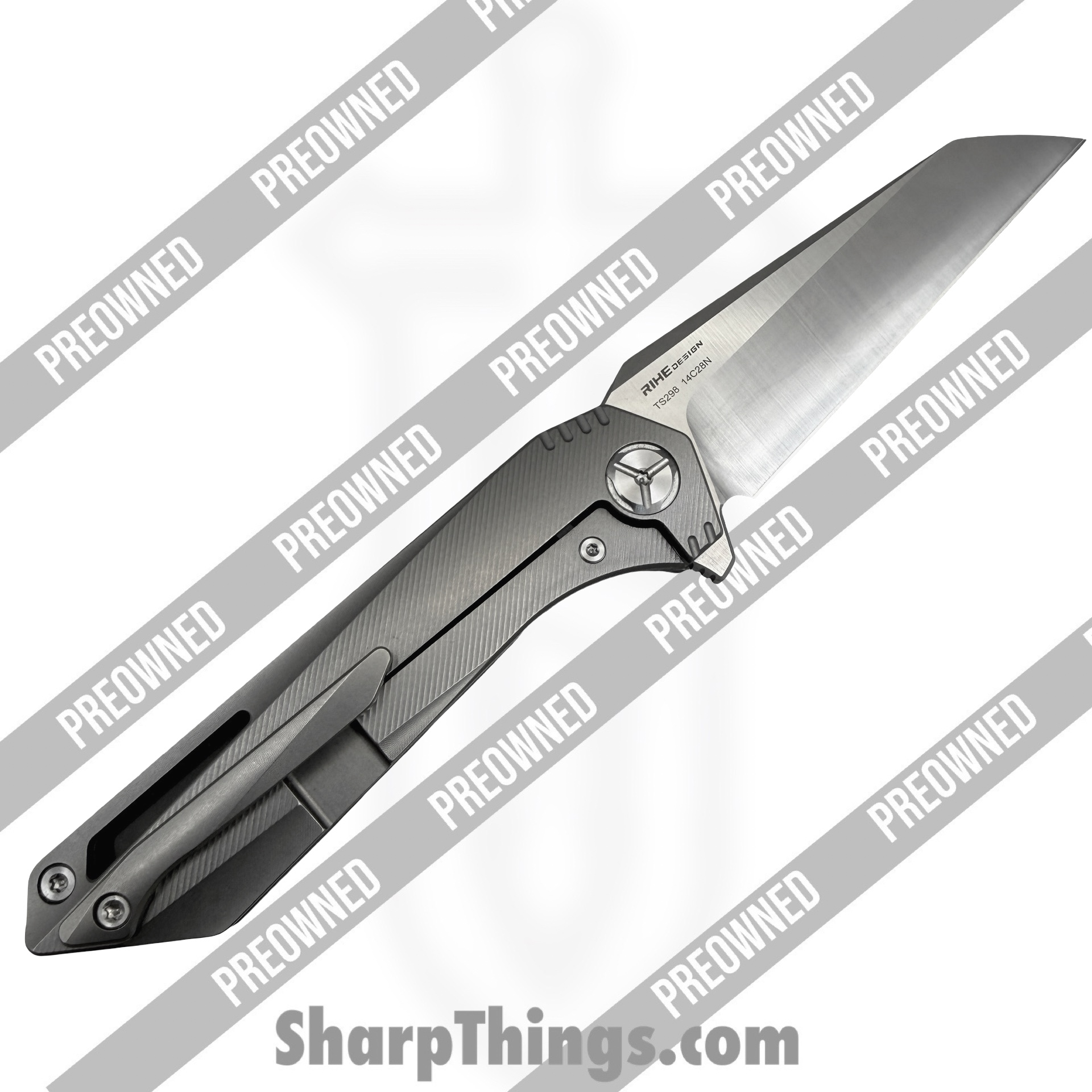 Twosun - POBB-48 - Preowned TS298 - Folding Knife - 14C28N Belt Satin Wharncliffe - Titanium - Grey - Image 2
