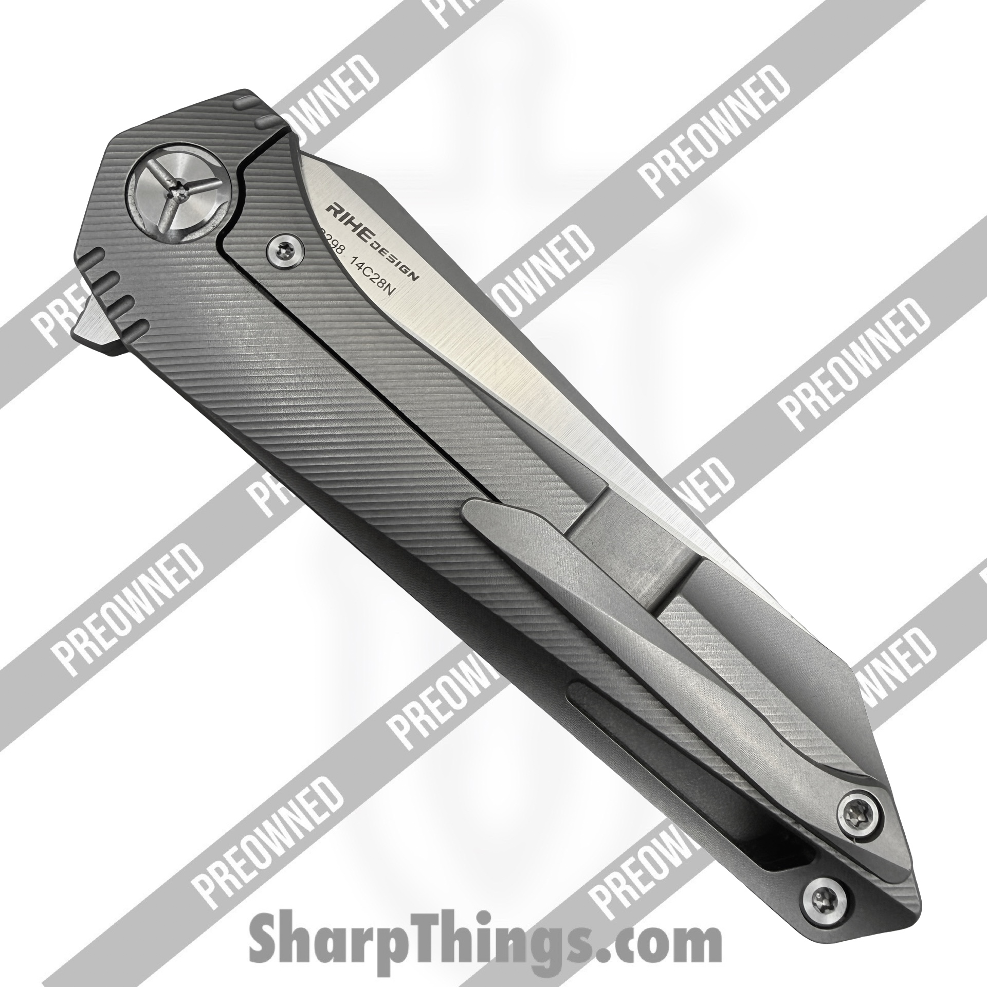 Twosun - POBB-48 - Preowned TS298 - Folding Knife - 14C28N Belt Satin Wharncliffe - Titanium - Grey - Image 4