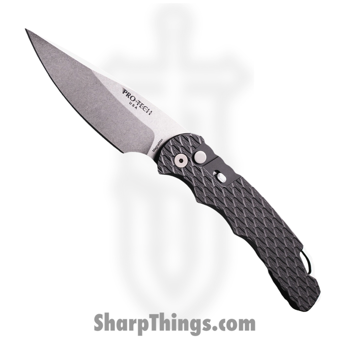 ProTech - T4105 F MM - TR4 - Automatic Knife - MagnaMax Stonewash Drop Point - Feather Texture Aluminum - Black